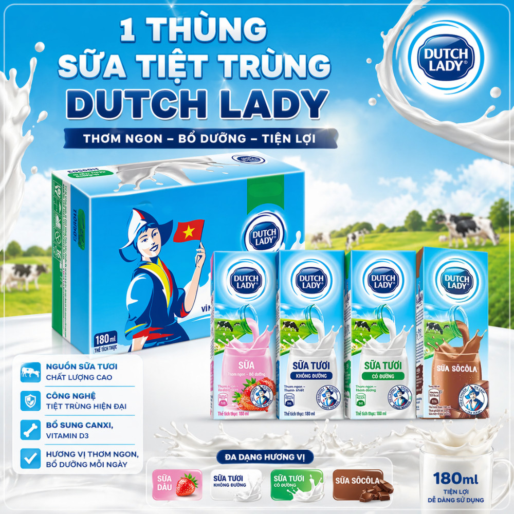 [ Sỉ Thùng ] Sữa tiệt trùng Dutch Lady Cô Gái Hà Lan Đủ Vị 180ml Thơm Ngon Bổ Dưỡng Cho Bé