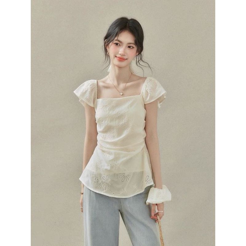 Áo sơ mi eo hẹp phong cách Pháp, cổ vuông, tay ngắn, thích hợp cho mùa hè