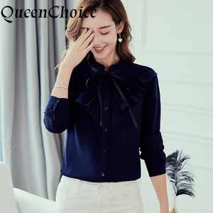 Áo sơ mi nữ tay dài, cổ thắt nơ chắc chắn, thiết kế ruffles ngọt ngào