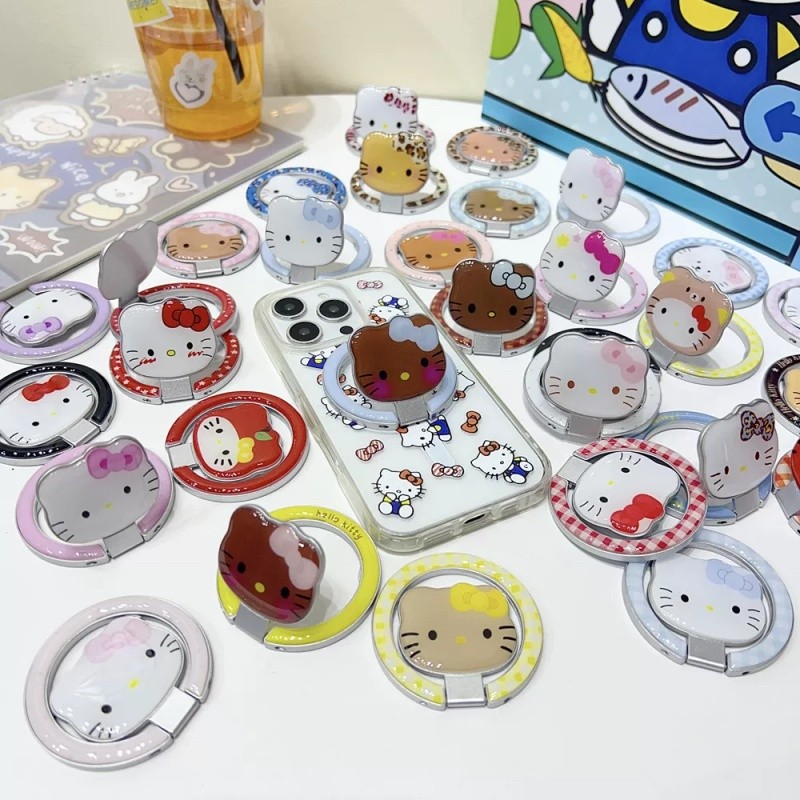Giá đỡ điện thoại từ tính Hello Kitty màu đen sang trọng có gương cho vỏ nam châm và IPhone 13 15 16 17 Pro Max 14 Plus có thể gập lại Vòng đeo tay Giá đỡ