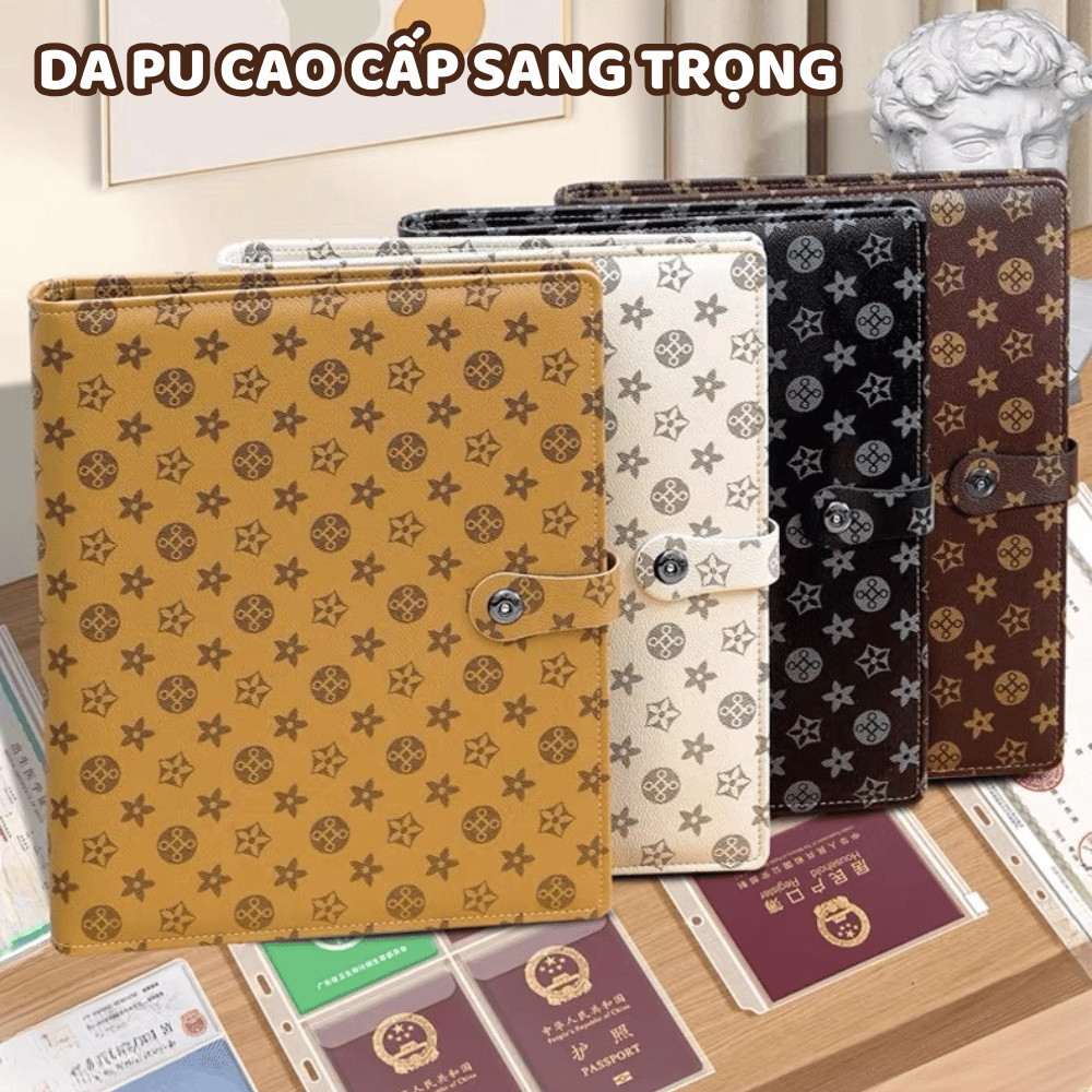 Bìa Sổ Còng Da PU Cao Cấp Dày Dặn Lưu Trữ Tài Liệu Có Khoá Bấm Khoá Kéo Bìa Còng A4 Sức Chứa Lớn