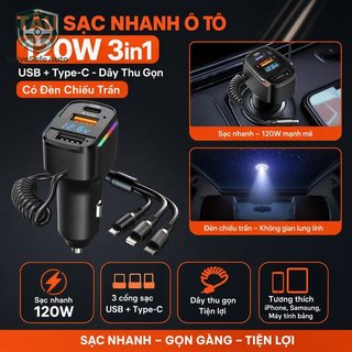 Xe Sạc Nhanh 3In1 Usb Loại C Cáp Có Thể Thu Vào Led Kiểm Tra Điện Áp Iphone Samsung Máy Tính Bảng Xe Suv