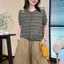 Cardigan nữ phong cách Nhật Bản màu vàng hoa, dệt kim mỏng với cổ tròn tay ngắn, phù hợp mặc hàng ngày và mùa hè.