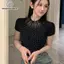 Áo sơ mi nữ tay ngắn cổ rùa nửa form slim, chất liệu tweed, họa tiết kim cương, phù hợp mặc hàng ngày