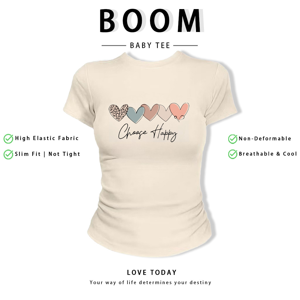 BOOM Áo Baby Tee Nữ Cotton Ôm Body-Áo Thun Ngắn Tay Y2K In Hình PhongCách Mùa Hè, Cổ Tròn Hàng Đầucách hàn quốc phongA63