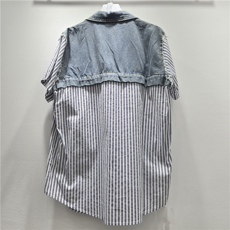 Châu Âu Khâu Màu Sắc Tương Phản In Chữ Denim Áo Sơ Mi Tay Ngắn Phong Cách Thoáng Mát Nữ Mùa Hè Rời Fried Street Áo Sơ Mi