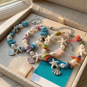 DARON Shell Sao Biển Vòng Tay, Biển Đại Dương Series Ngọc Trai Bãi Biển Hạt Vòng Tay, Vintage Nhiều Màu Sắc Dây Đeo Tay Có Thể Điều Chỉnh Bohemian Shell Vòng Tay Hàng Ngày