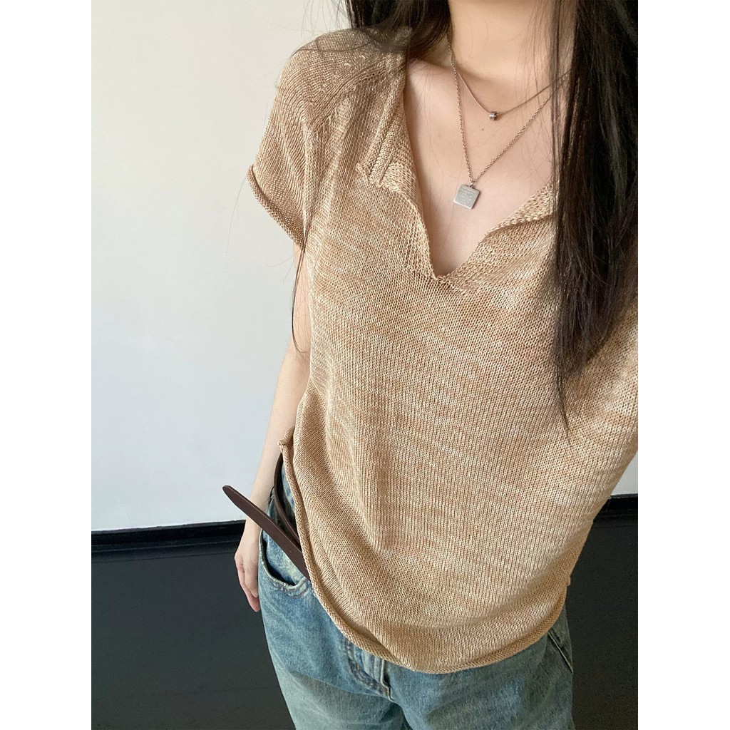SUXI Áo thun ngắn tay dệt kim cổ chữ V cổ điển mới mùa hè dành cho nữ 260504