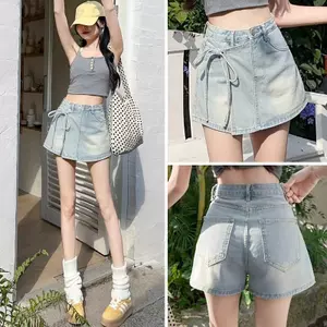 Áo thun ngắn Denim hai mảnh giả mùa hè eo cao không đều có dây buộc phiên bản Hàn Quốc Thời trang thông thường