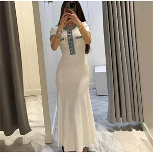 Thanh Lịch Tương Phản Nữ Đan Đầm Maxi Sang Trọng Cổ Chữ O Tay Ngắn Nút Kim Loại Bodycon Đầm Công Sở Nữ Đi Lại Áo