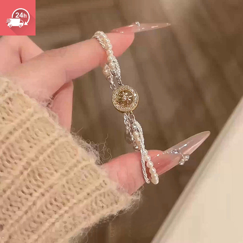 Tính khí thời trang Pháp la bàn hạt ngọc trai hình học hai lớp xếp chồng vòng tay nữ cá tính và đa năng