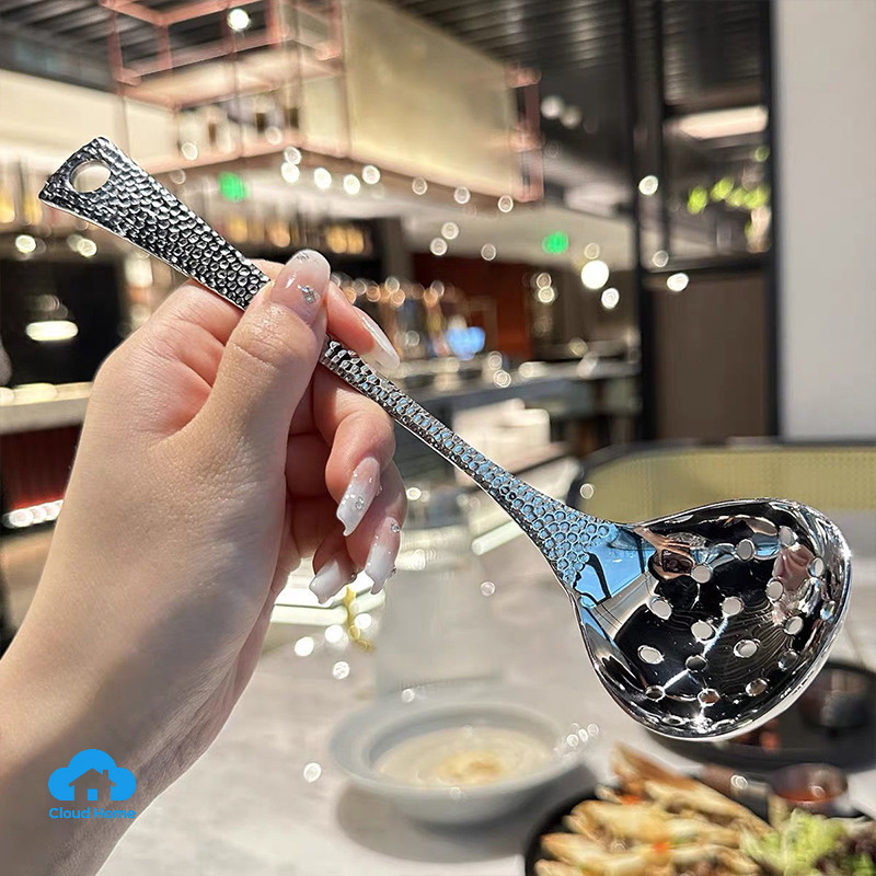 Rổ lọc lẩu bằng thép không gỉ, muỗng cán dài, thìa cán hình vảy cá.