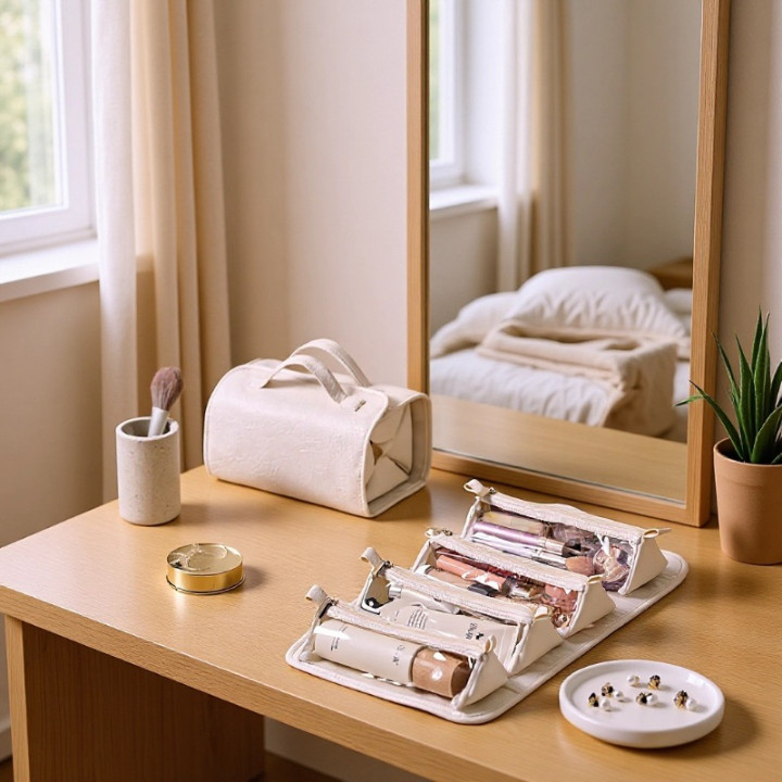 Túi Đựng Mỹ Phẩm Du Lịch Gấp Gọn Có Móc Treo, Túi PU Trang Điểm Nhiều Ngăn Trong Suốt Chống Nước HomeMate