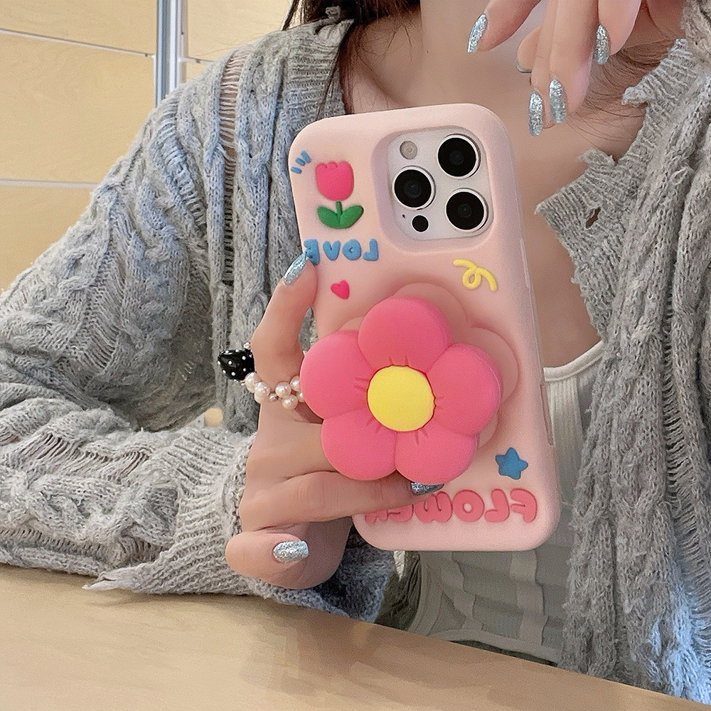 Dành Cho iPhone 17 16 15 14 13 12 11 Pro Max 6 6S 7 8 Plus 16 15 14 Plus X XS Max XR Ốp Điện Thoại 3D Hoa Chân Đế Silicon Mềm Có Chân Đế