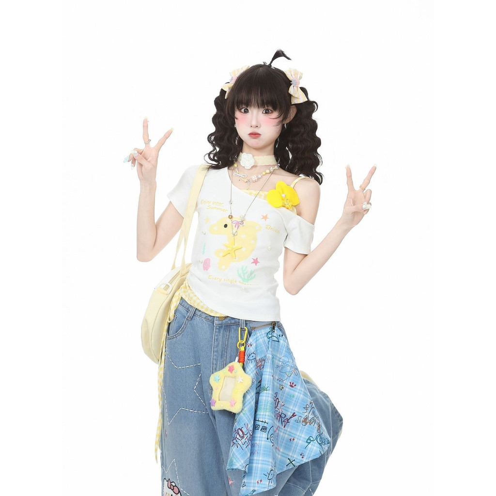 Áo Thun babytee Bướm lệch vai giả hai mảnh mùa hè in hình dễ thương