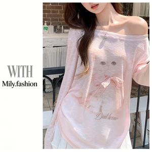 Milyfashion Màu Hồng Nơ Mèo In Hình Cổ Tròn Không Dây Áo Thun Dài Tay Nữ Mùa Hè Phong Cách Mới Rời Xếp Ly Chống Nắng Áo Q