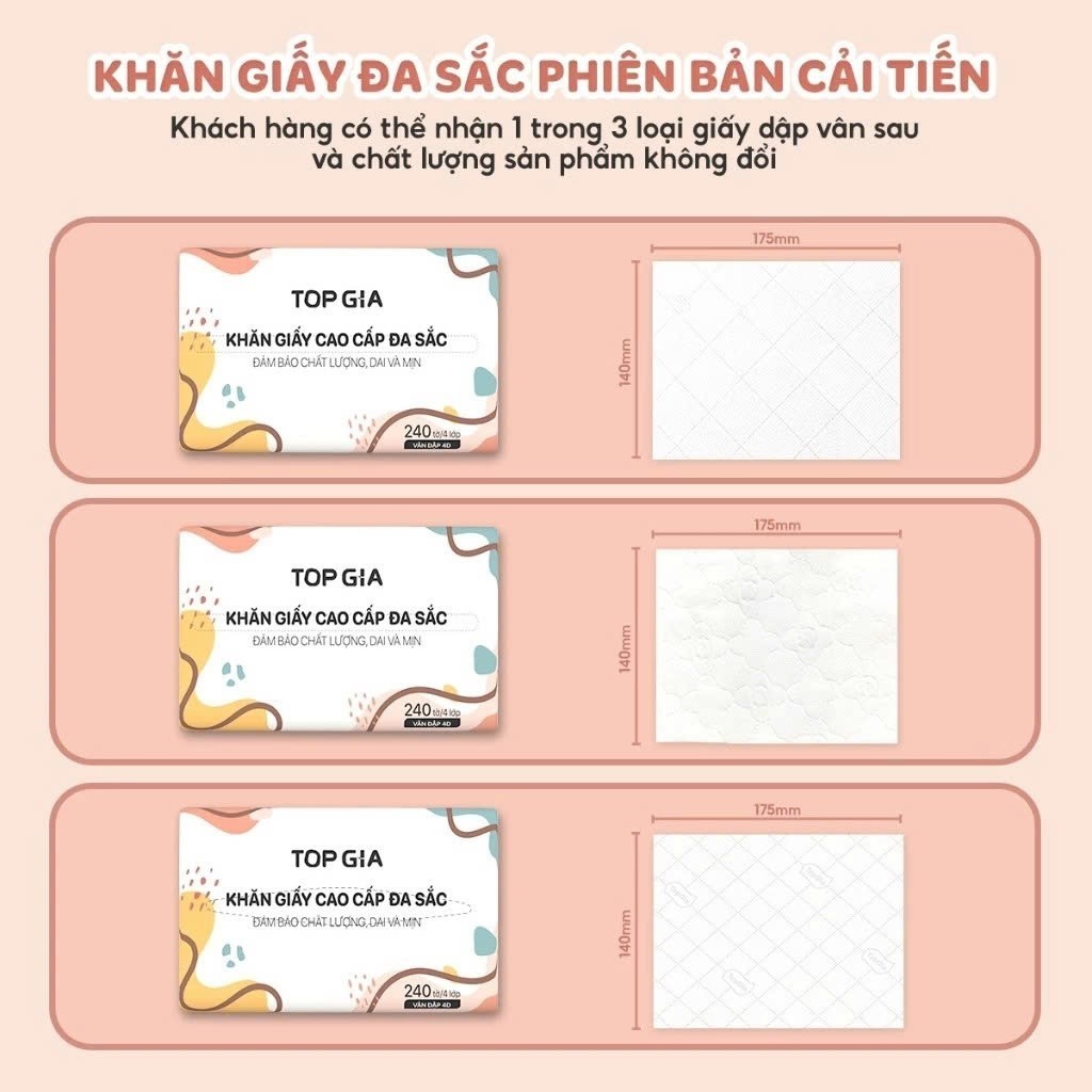 [HOT HOT HOT] Giấy ăn rút Topgia đa sắc cao cấp 240 tờ 4 lớp, dập vân 4D, mềm mịn, thấm hút tốt