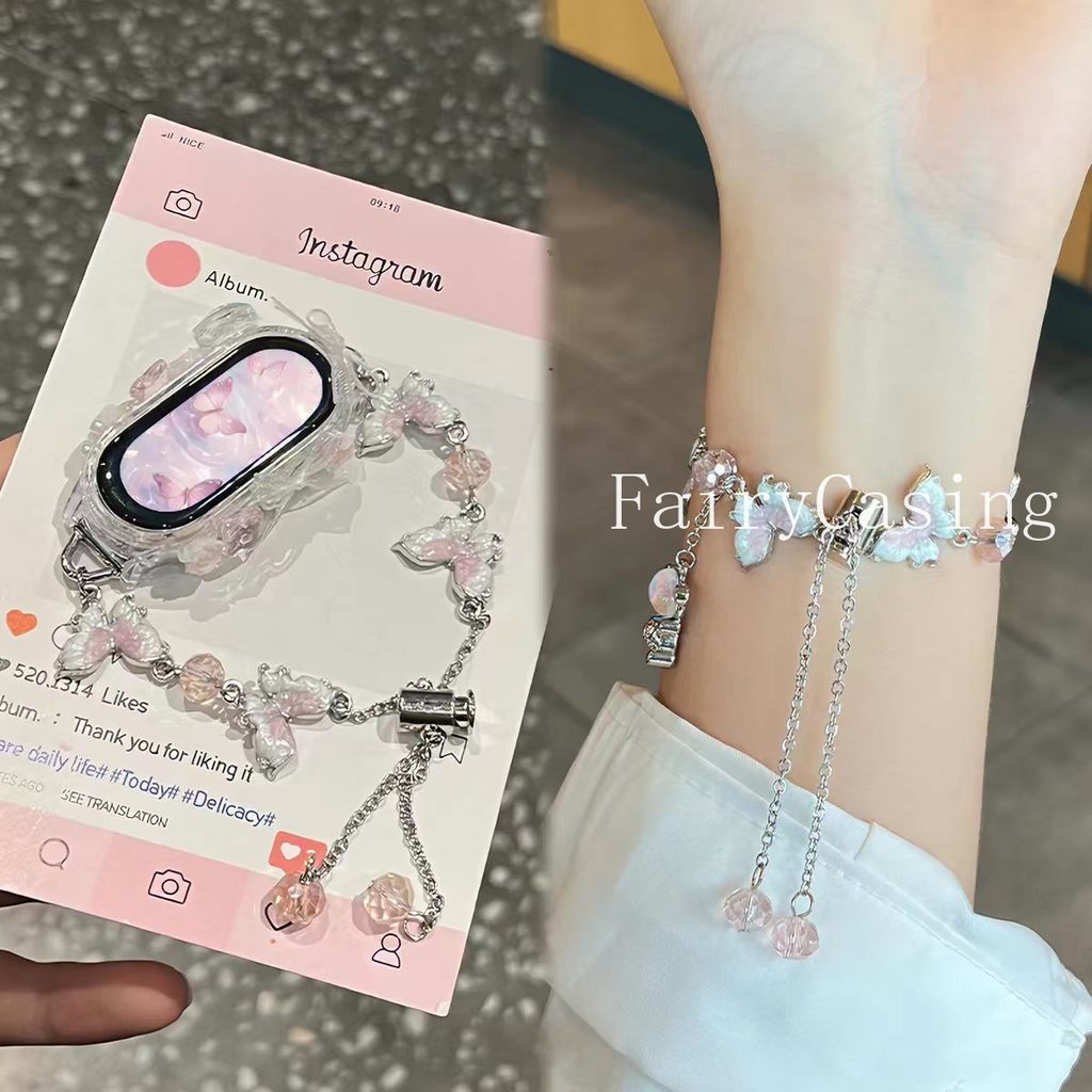 Dây đeo dây chuyền hình bướm màu hồng cho Xiaomi Mi Band 10 9 8 7 6 5 4 3 Miband 8Pro 9 Pro 10pro Vòng đeo tay thay thế dây đeo cổ tay