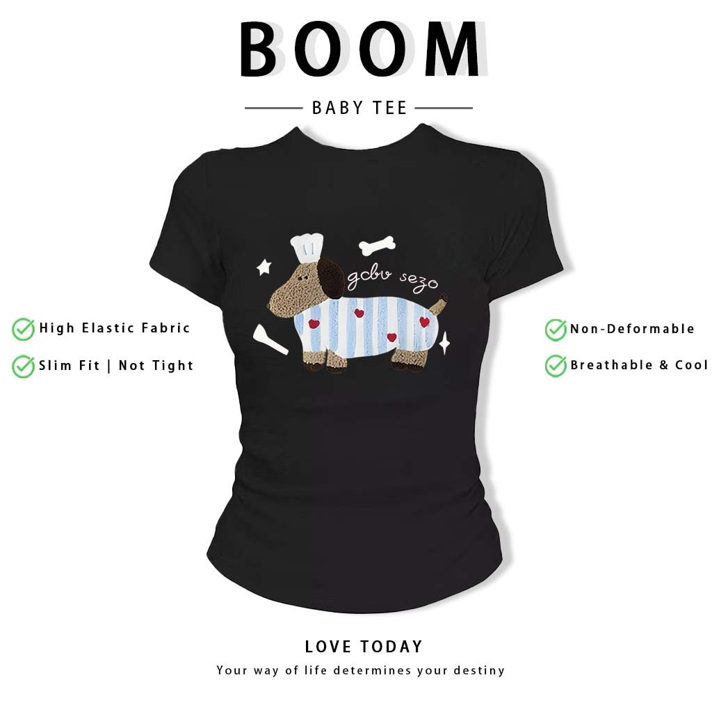 BOOM Áo Baby Tee Nữ Cotton Ôm Body-Áo Thun Ngắn Tay Y2K In Hình PhongCách Mùa Hè, Cổ Tròn Hàng Đầucách hàn quốc phongR20