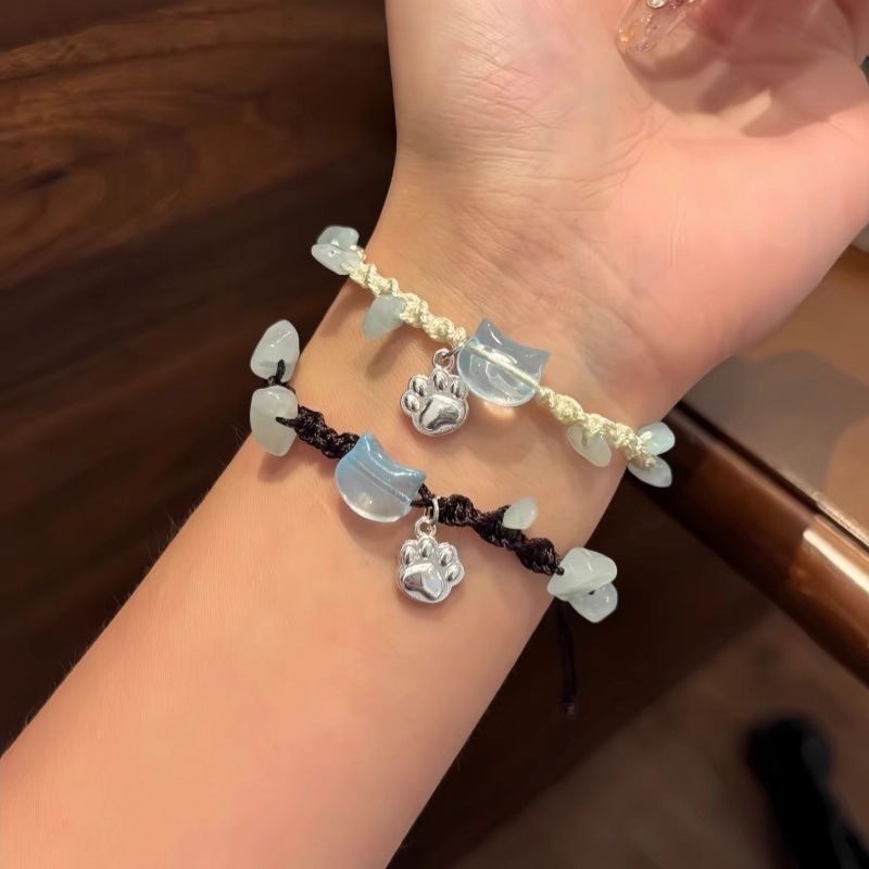 Vòng Tay May Mắn Hình Mèo Con và Bốn Lá Cỏ Ba Lá, Dệt Tay, Ngọt Ngào