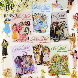 JIANWU Gió Gặp Hoa Series Vintage Cô Gái Nhân Vật Phong Cảnh Chất Liệu Cắt Dán PET Nhãn Dán Sáng Tạo Tạp Chí Văn Phòng Phẩm