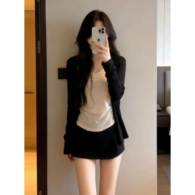 Áo len cardigan kiểu dáng khổng lồ phong cách Hàn Quốc màu đen, phù hợp mùa xuân hè