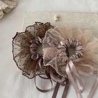 Hululu - Dream Ballet Scrunchy Satin Chấm Bi với Nơ Phong Cách Hoàng Tử Ballet