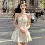 Đầm chữ A mini tweeduj trắng, xẻ ngực nút và xếp ly, gợi cảm cho nữ