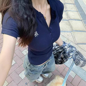 Hàng sẵn có Áo thun ngắn tay màu xanh hải quân dành cho nữ thon gọn hơn trông cao cấp dành cho nữ sang trọng Áo bó sát26042806