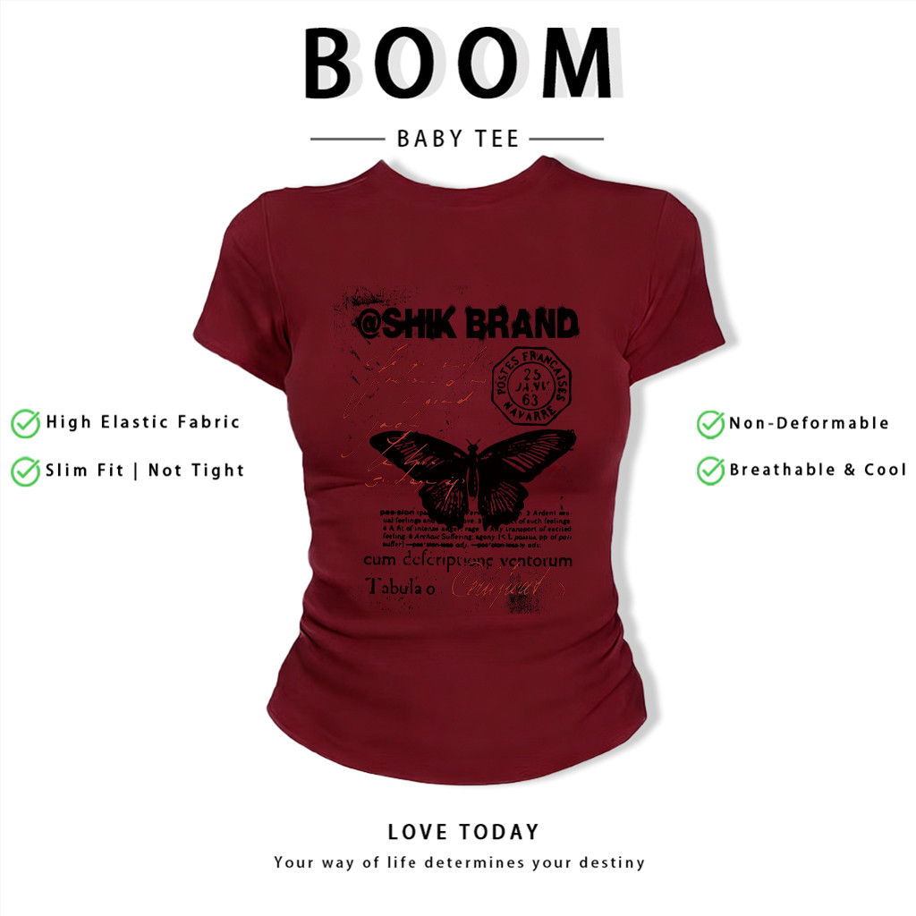 BOOM Áo Baby Tee Nữ Cotton Ôm Body-Áo Thun Ngắn Tay Y2K In Hình PhongCách Mùa Hè, Cổ Tròn Hàng Đầucách hàn quốc phongK06