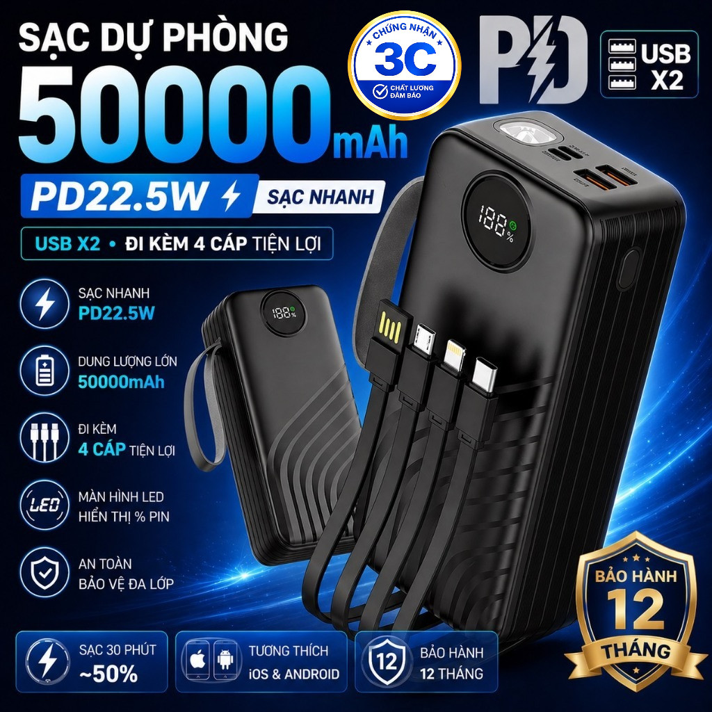 Pin Sạc Dự Phòng 50000mAh Sạc Nhanh 4 Dây Cáp Tích Hợp Chứng Nhận 3C Màn Hình LED Hiển Thị Đèn Pin Chiếu Sáng