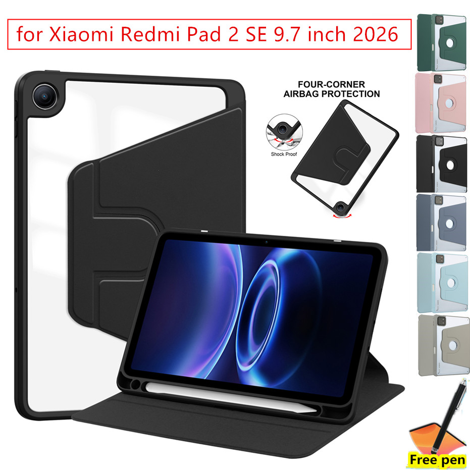 Ốp Lưng Cho Xiaomi Redmi Pad 2 SE 9.7 inch 2026 Máy Tính Bảng Xoay 360 Trong Suốt acrylic Lật Nắp Bút Khay Chống Sốc Ngủ Đánh Thức Vỏ