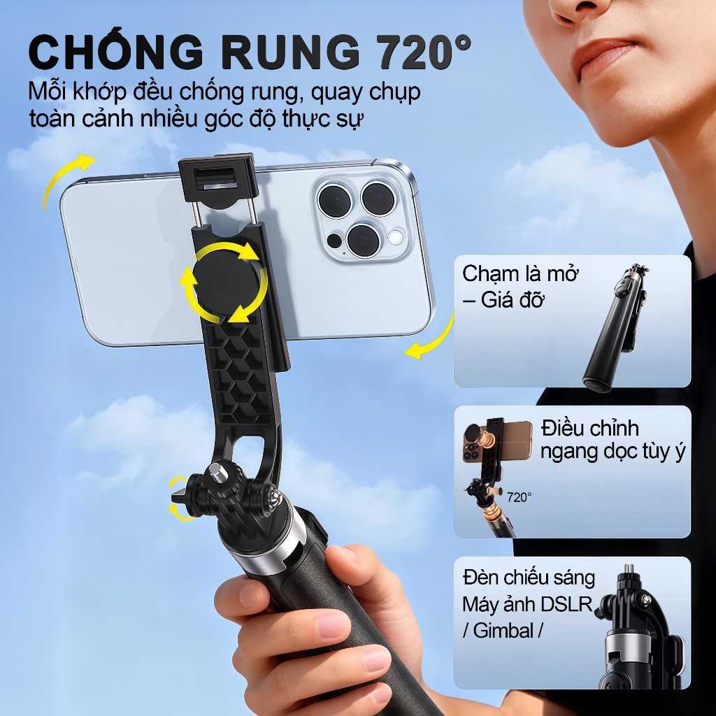 X2 MINI  – Gậy selfie kiêm chân tripod, Dài 1.3m có thể điều chỉnh, Xoay 360 độ, Điều khiển Bluetooth không dây,