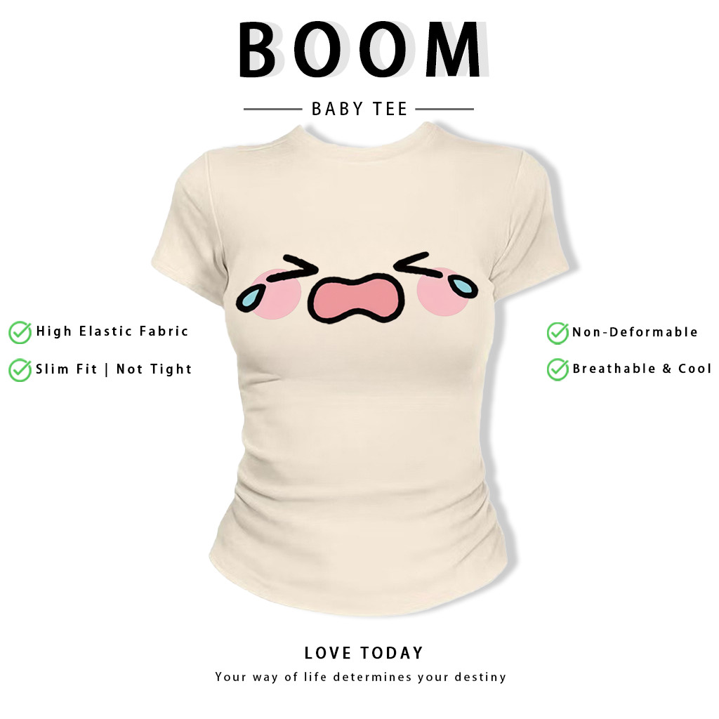 BOOM Áo Baby Tee Nữ Cotton Ôm Body-Áo Thun Ngắn Tay Y2K In Hình PhongCách Mùa Hè, Cổ Tròn Hàng Đầucách hàn quốc phongV16