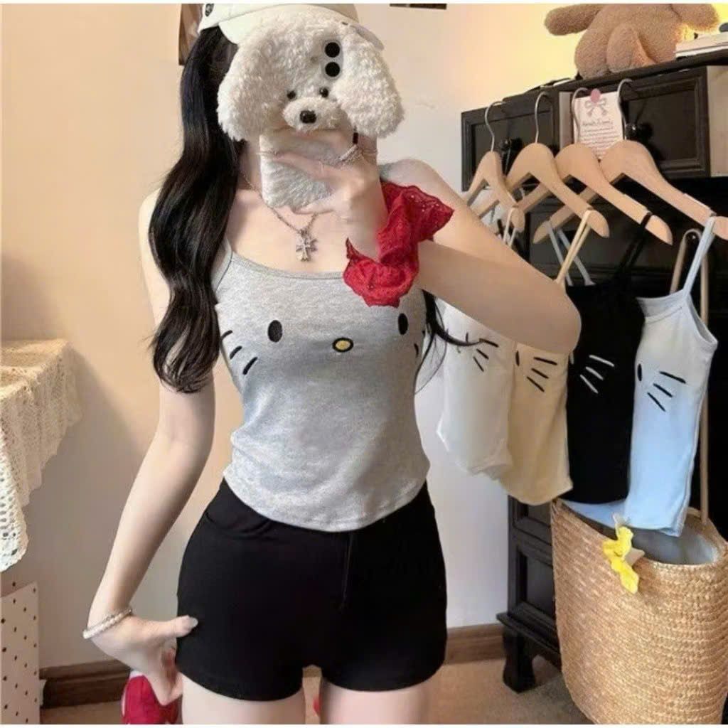 ( không có đệm mút ) Áo bún 2 dây gân tăm mềm mại co giãn, mẫu mới -hình mèo đơn giản- chang3158