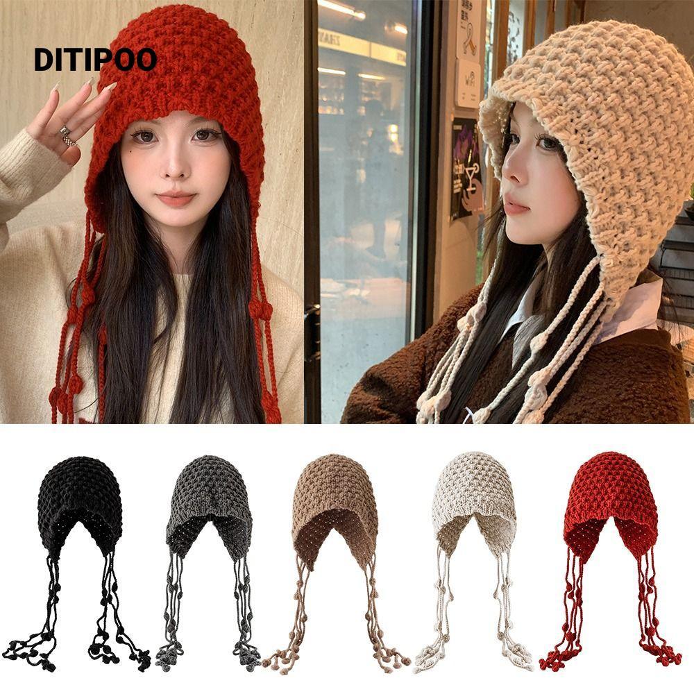 Mũ dệt kim DITIPOO, Mũ bảo vệ tai ấm áp tua rua, Mũ chui đầu chống gió thủ công bằng len dễ thương dành cho nữ