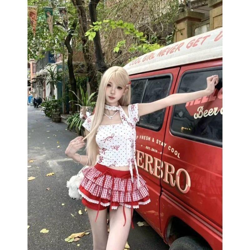 [Hàng mới về hôm nay] Pure Desire Sweet Hot Girl Suit Nữ Mùa Hè Trắng Hoa Tay Ngắn Mặc Váy Bánh Ren Bộ Đồ Hai Mảnh