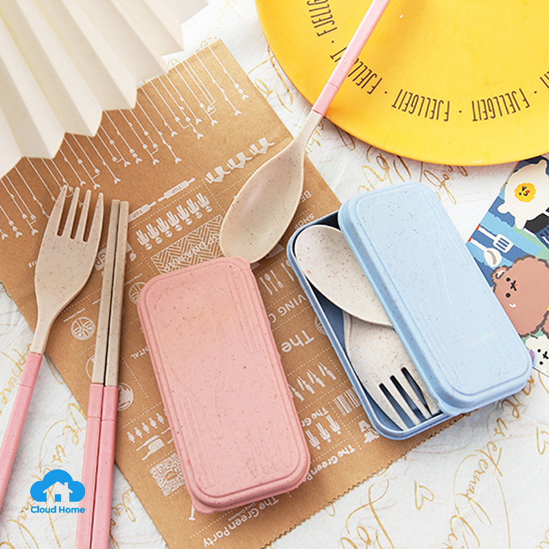🌤️COD🌤️Bộ 3 Món thìa đũa dĩa Bộ đồ ăn bằng nhựa rơm lúa mì an toàn cho sức khỏe Bộ đồ ăn di động lúa mì