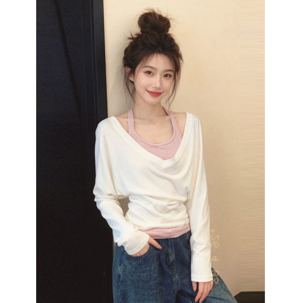 [170g Bông Tuyết 65 Cotton 35 Polyester] Áo Vest Sọc Cổ Màu Hồng Dây Dài Tay Áo Thun Nữ Mùa Hè Top Hai Mảnh Phù Hợp Với