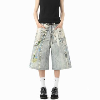 Quần short denim nam GKSSS, phong cách hip-hop Mỹ, chất lượng đường phố cao cấp, phong cách trung tính