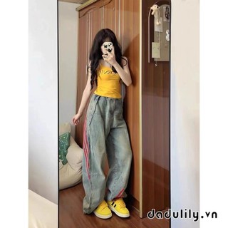 DADULILY Quần jean ghép mảnh phong cách Mỹ, ống thẳng, dáng rộng, kiểu trang phục lao động ống rộng