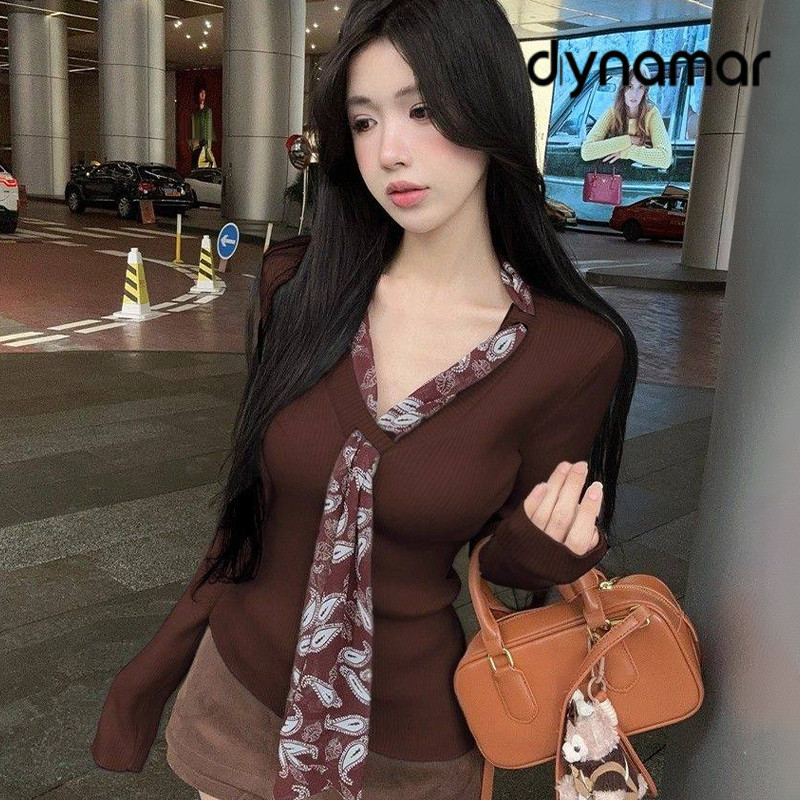 【dynamar】Áo len nữ cổ chữ V thanh lịch, sang trọng với dây ruy băng dài, kiểu dáng ôm sát.