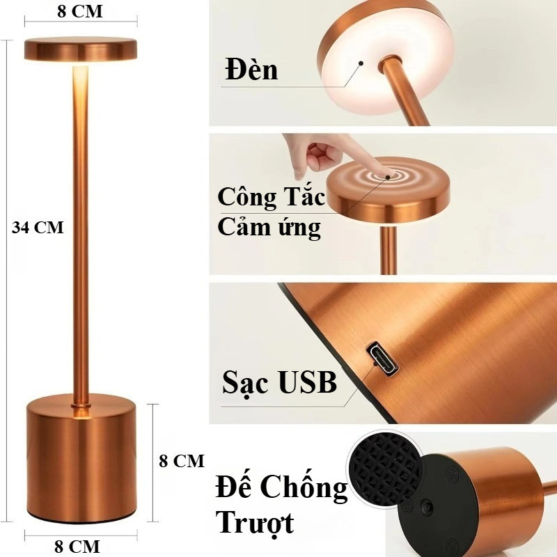 Đèn Bàn Kim Loại 3 Màu LED, Cảm Ứng Chạm Nhẹ, Sạc USB, Thích Hợp Cho Phòng Ký Túc Xá, Quán Bar, Cắm Trại