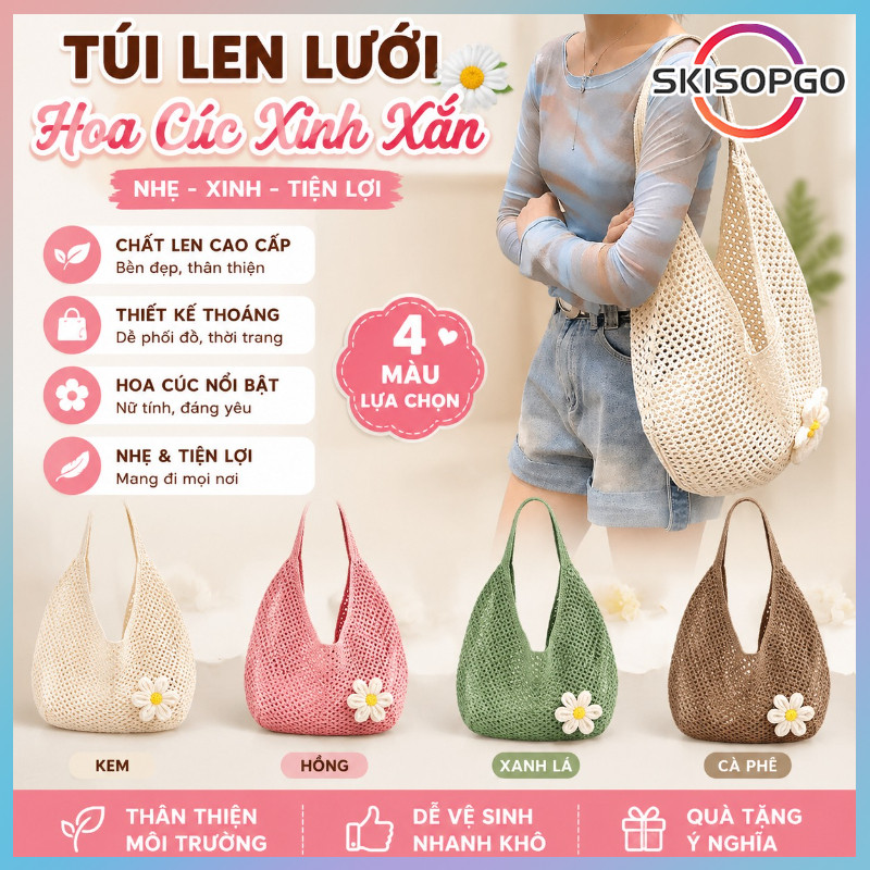 Túi Cói Đi Biển Nữ Cao Cấp, Túi Lưới đan Cài Hoa đeo Vai Hàn Quốc, Đựng Đồ Tiện Lợi, Size Lớn Đựng Đồ Thoải Mái