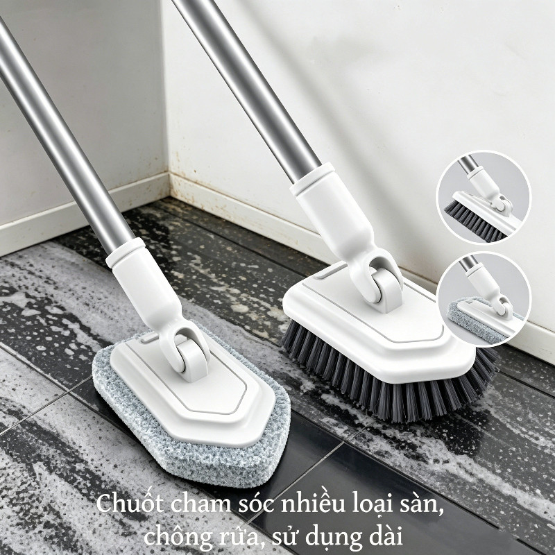 Chổi lau sàn nhà tắm đa năng 2 trong 1, đầu chổi xoay, lông chổi có độ mềm/cứng khác nhau.