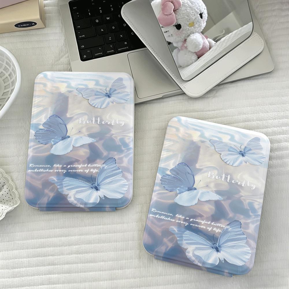Gương gập mini trang điểm bỏ túi họa tiết bướm xanh nhạt dịu nhẹ thẩm mỹ cao đẹp