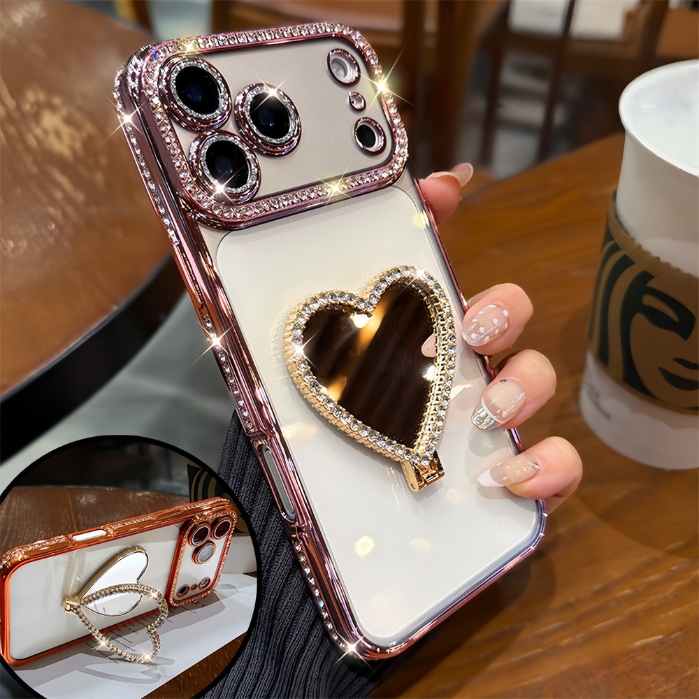 Flash Diamond Love Mirror Stand Ốp Lưng Điện Thoại iPhone 17 Pro Max 16 12 13 14 15 Pro Max Bao Gồm Bảo Vệ Ống Kính Máy Ảnh Vỏ Mềm Vỏ Điện Thoại Vỏ Bảo Vệ