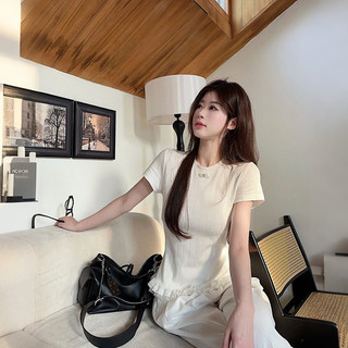 VM-Áo Thun Ngắn Tay Ren Ren Đơn Giản Jacquard Phiên Bản Hàn Quốc
