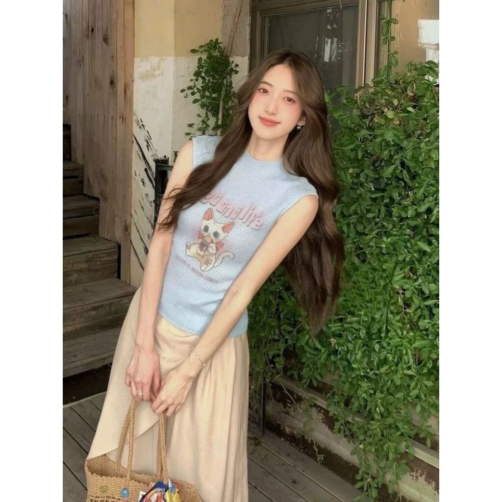Áo sơ mi nữ phong cách Hàn Quốc, họa tiết mèo, dệt kim slim-fit phù hợp mùa hè