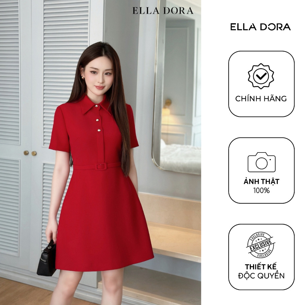 Đầm nữ ELLA DORA thiết kế cổ Polo phối 3 cúc đồng ôm dáng hiện đại sang trọng 2 màu ĐỎ/ĐEN [D248]